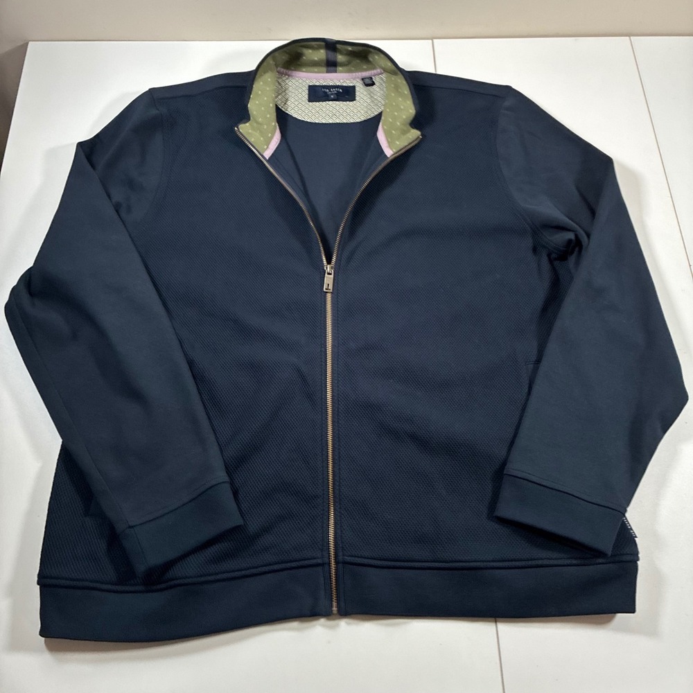Ted Baker Full Zip Jacket 7 (XL) Navy Blue Textured Layer Bomber Coat